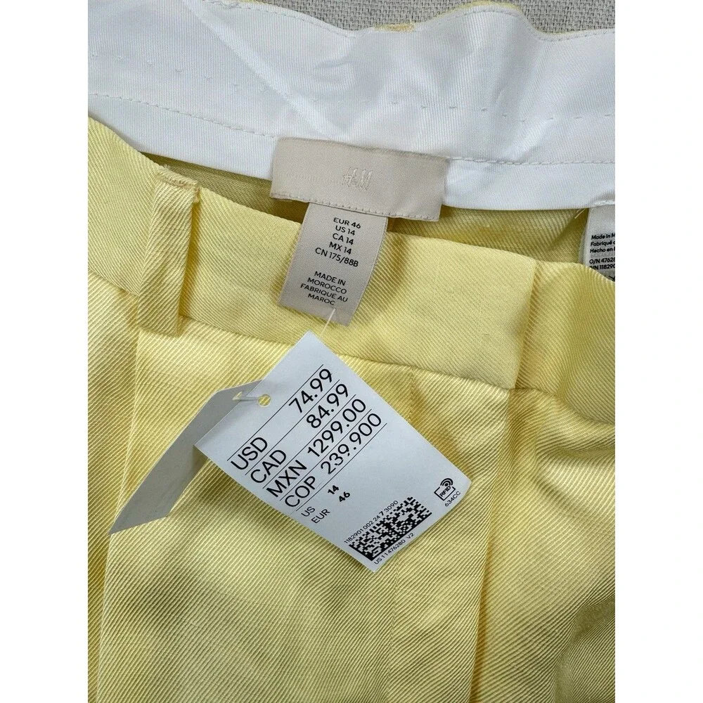 H&M Womens 14 Yellow Linen Blend Wide Leg Pleated Trousers Pants NWT